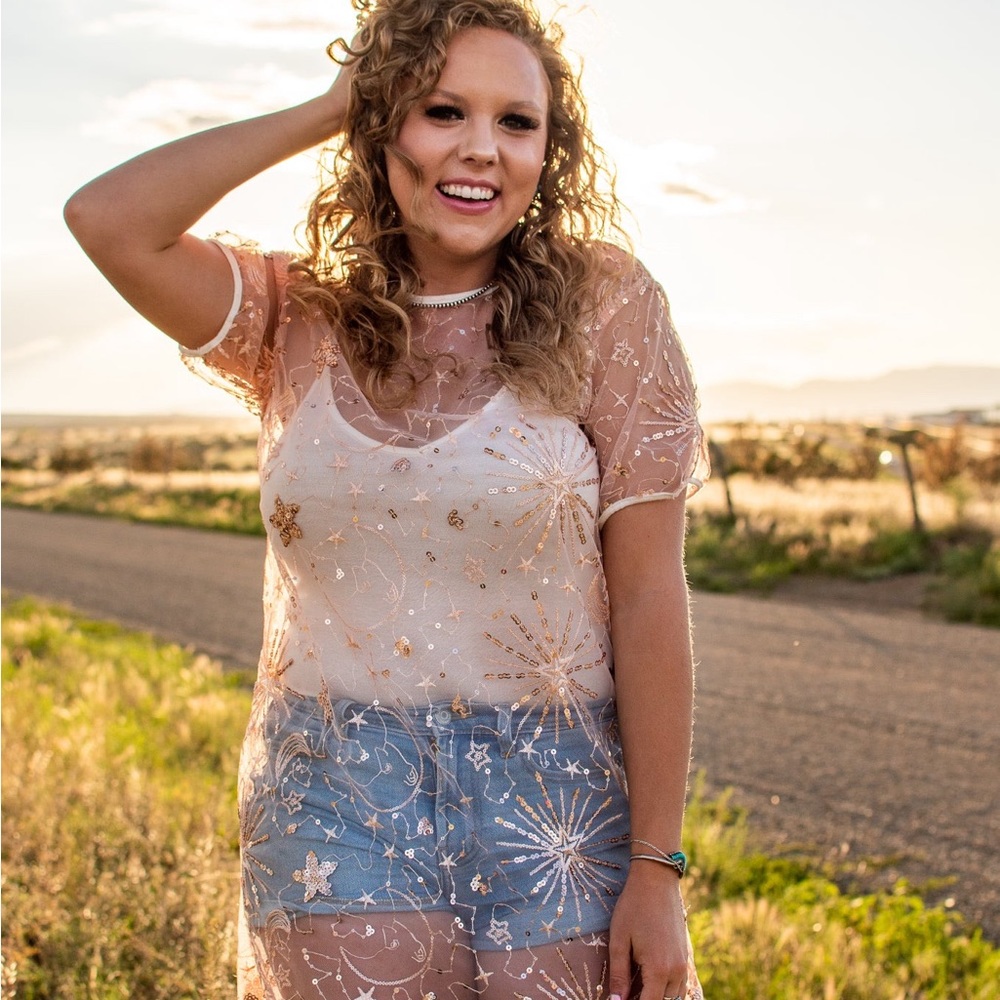 Sequin mesh slip with stars and constellation metallic embellishments